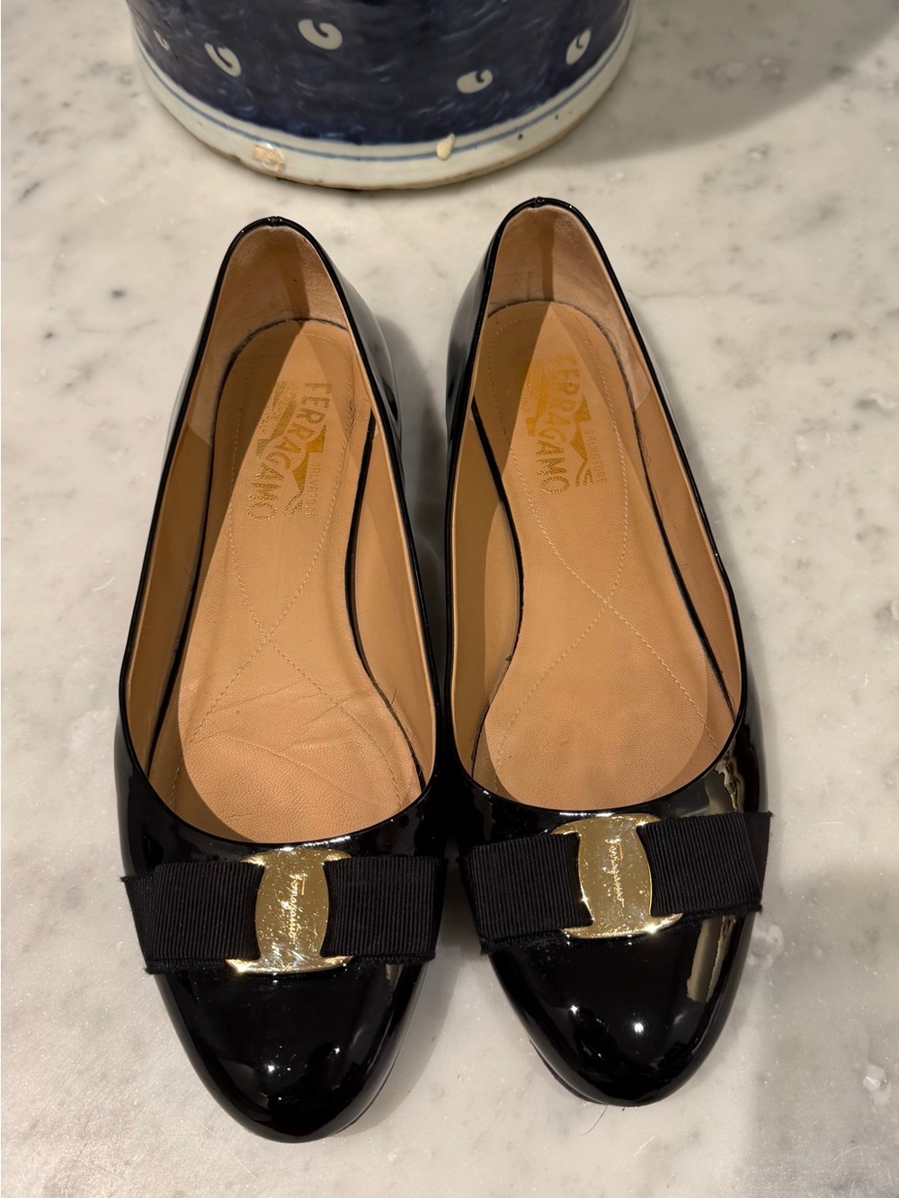 Salvatore Ferragamo Black Patent Varina Bow Ballet Flats